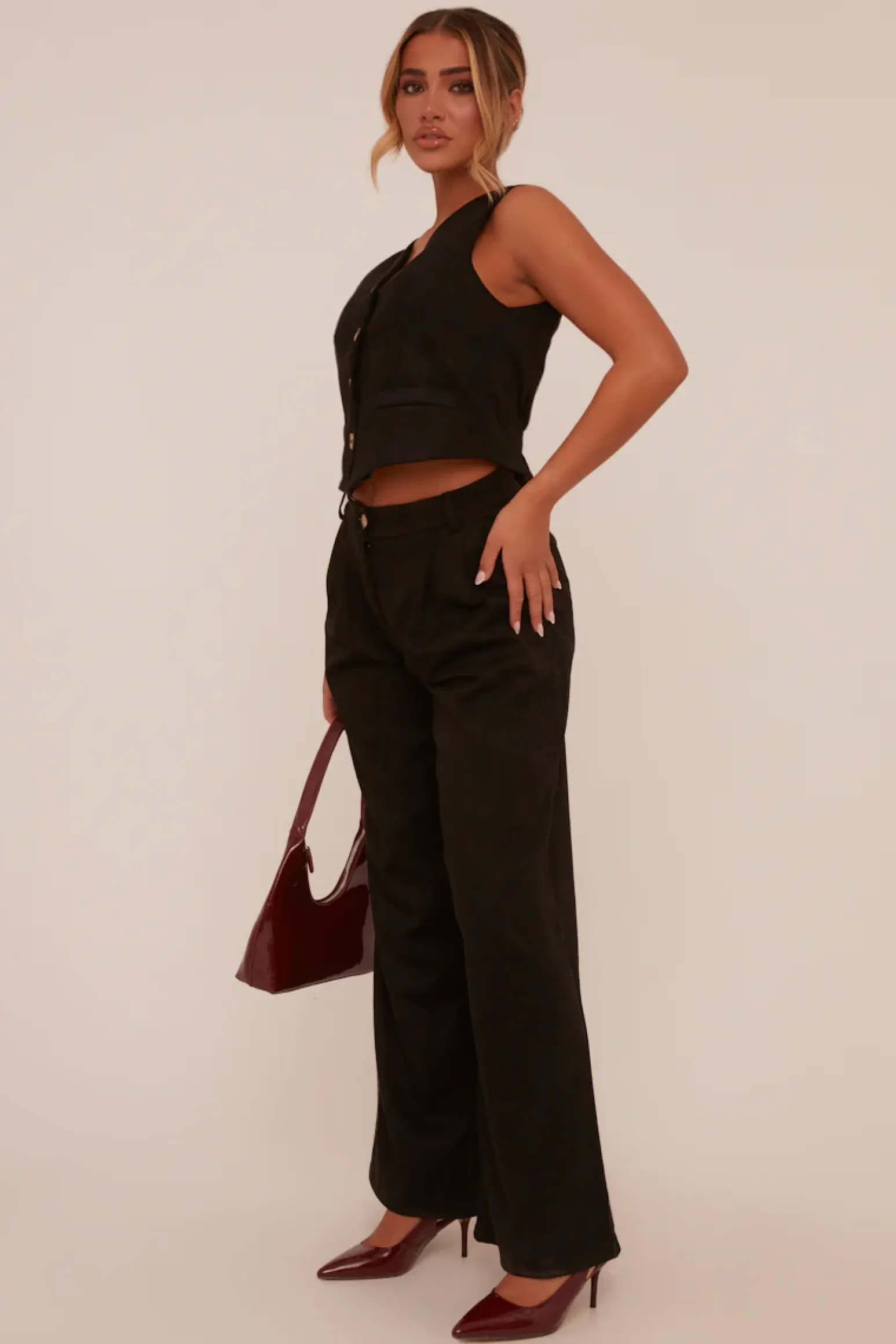 Rebellious Fashion Black Pleat Detail Wide Leg Trousers - Ether