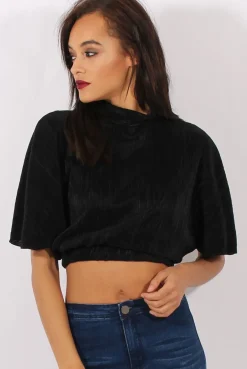 Rebellious Fashion Black Pleated Batwing Crop Top - Mellony