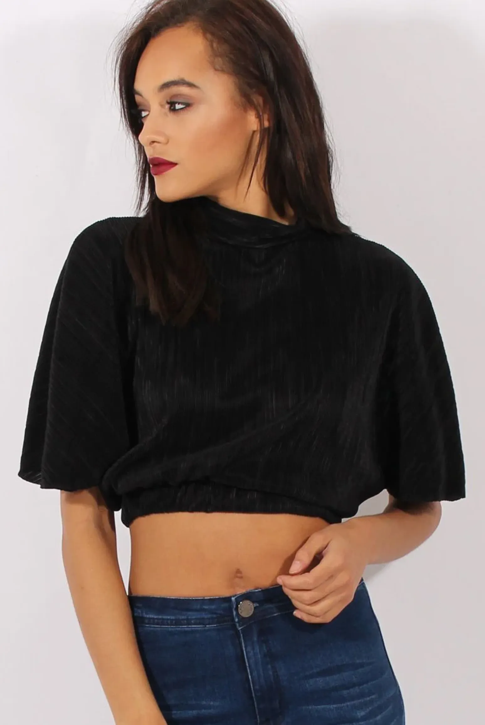 Rebellious Fashion Black Pleated Batwing Crop Top - Mellony