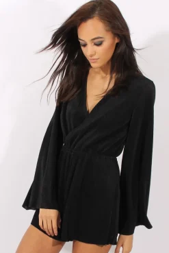 Rebellious Fashion Black Pleated Flared Sleeve Playsuit - Amity