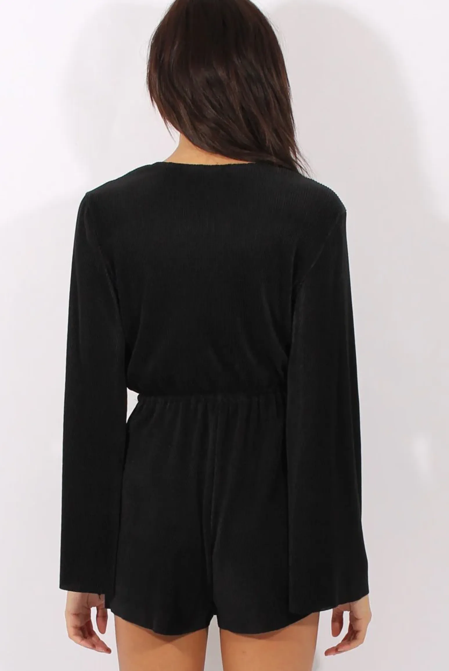 Rebellious Fashion Black Pleated Flared Sleeve Playsuit - Amity