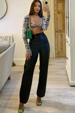 Rebellious Fashion Black Pleated Straight Leg PU Leather Trousers - Jaymi
