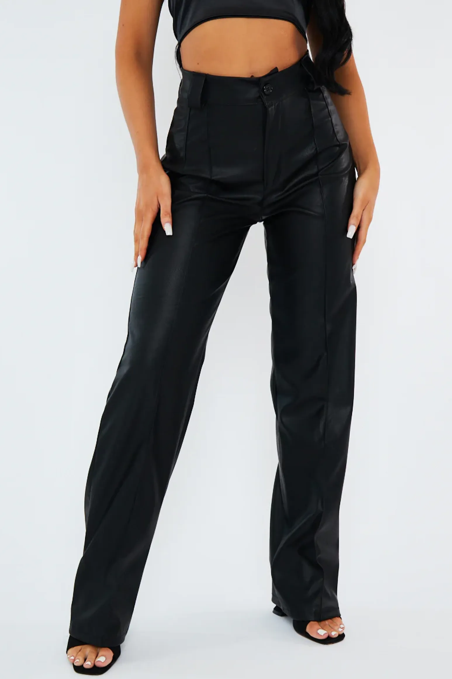 Rebellious Fashion Black Pleated Straight Leg PU Leather Trousers - Jaymi