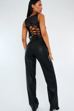 Rebellious Fashion Black Pleated Straight Leg PU Leather Trousers - Jaymi