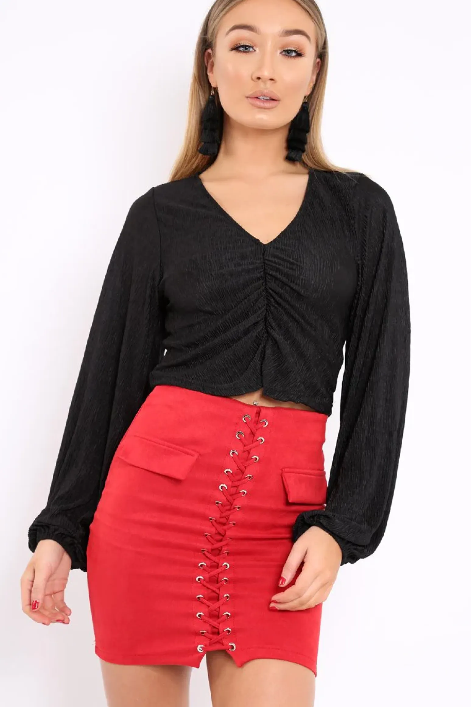 Rebellious Fashion Black Plisse Ruched Front Crop Top - Karen