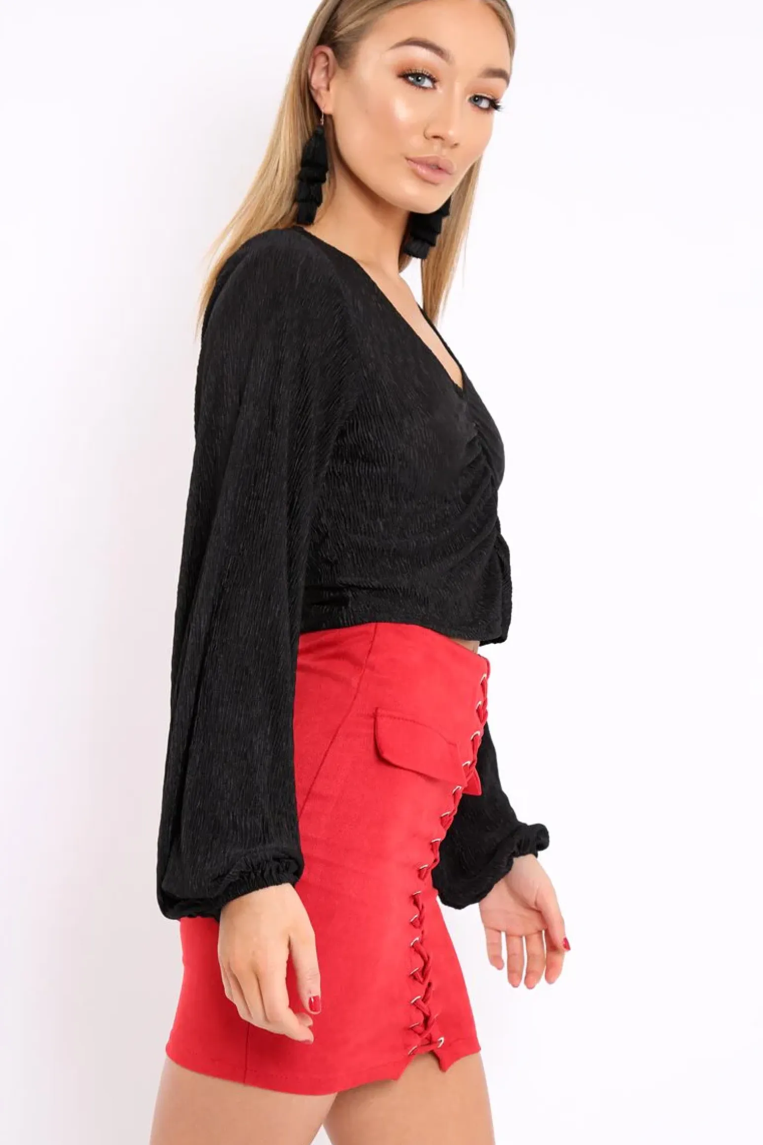 Rebellious Fashion Black Plisse Ruched Front Crop Top - Karen