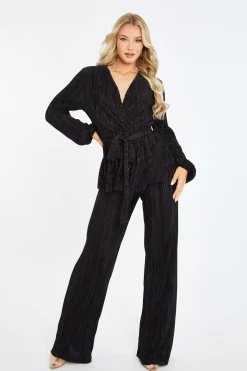 Rebellious Fashion Black Plisse Warp Front Top & Wide Leg Trouser Set - Ocean