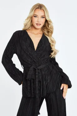 Rebellious Fashion Black Plisse Warp Front Top & Wide Leg Trouser Set - Ocean
