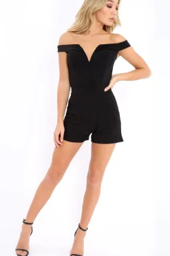 Rebellious Fashion Black Plunge Bardot Playsuit - Fae