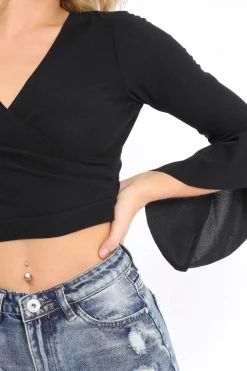 Rebellious Fashion Black Plunge Bell Sleeve Crop Top - Merla