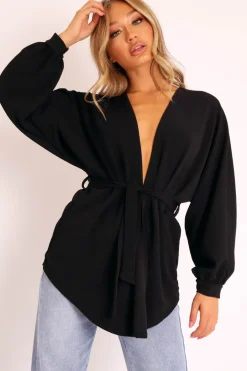 Rebellious Fashion Black Plunge Belted Blouse - Goldie
