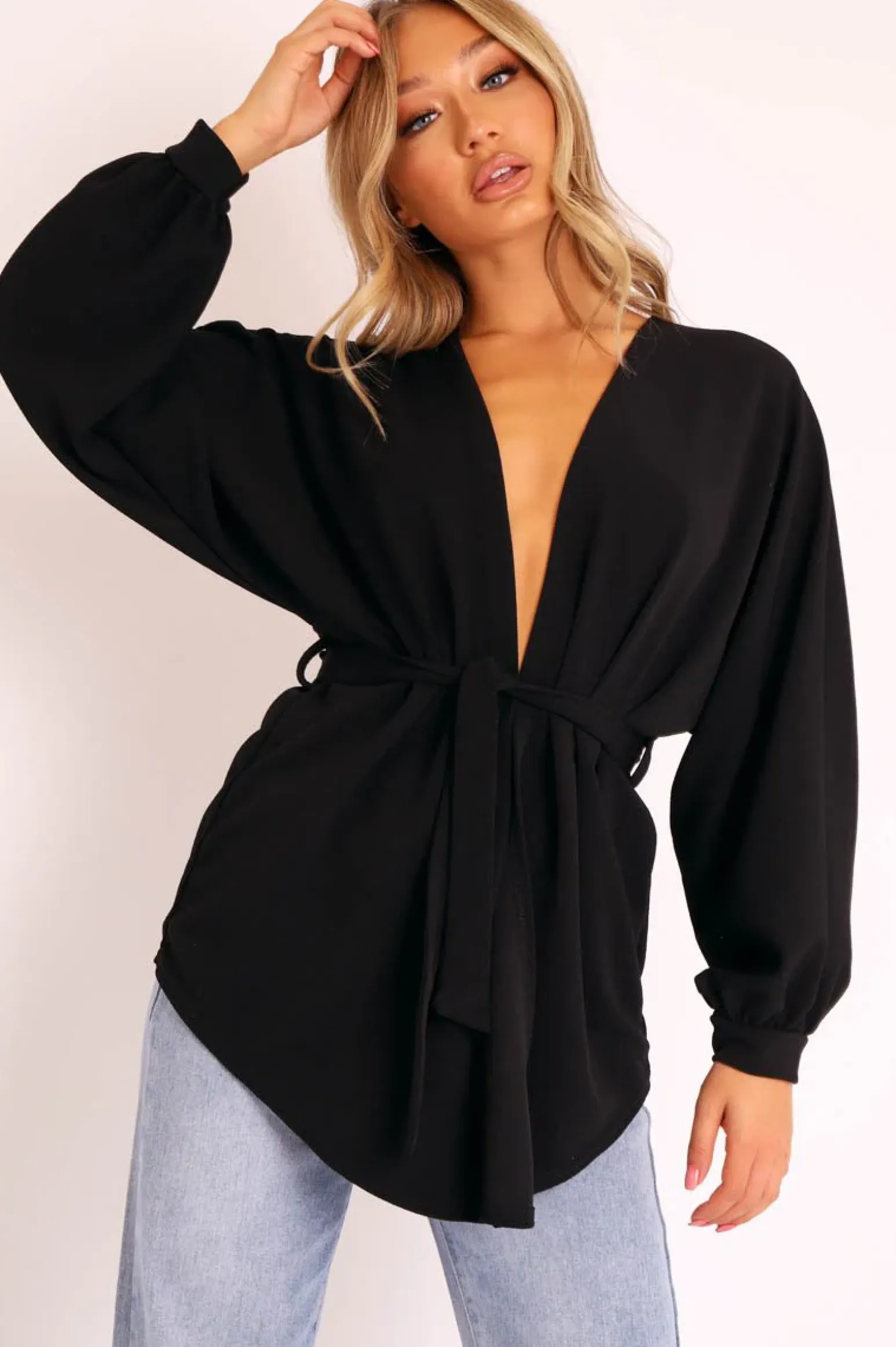 Rebellious Fashion Black Plunge Belted Blouse - Goldie