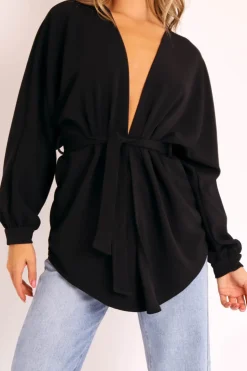 Rebellious Fashion Black Plunge Belted Blouse - Goldie
