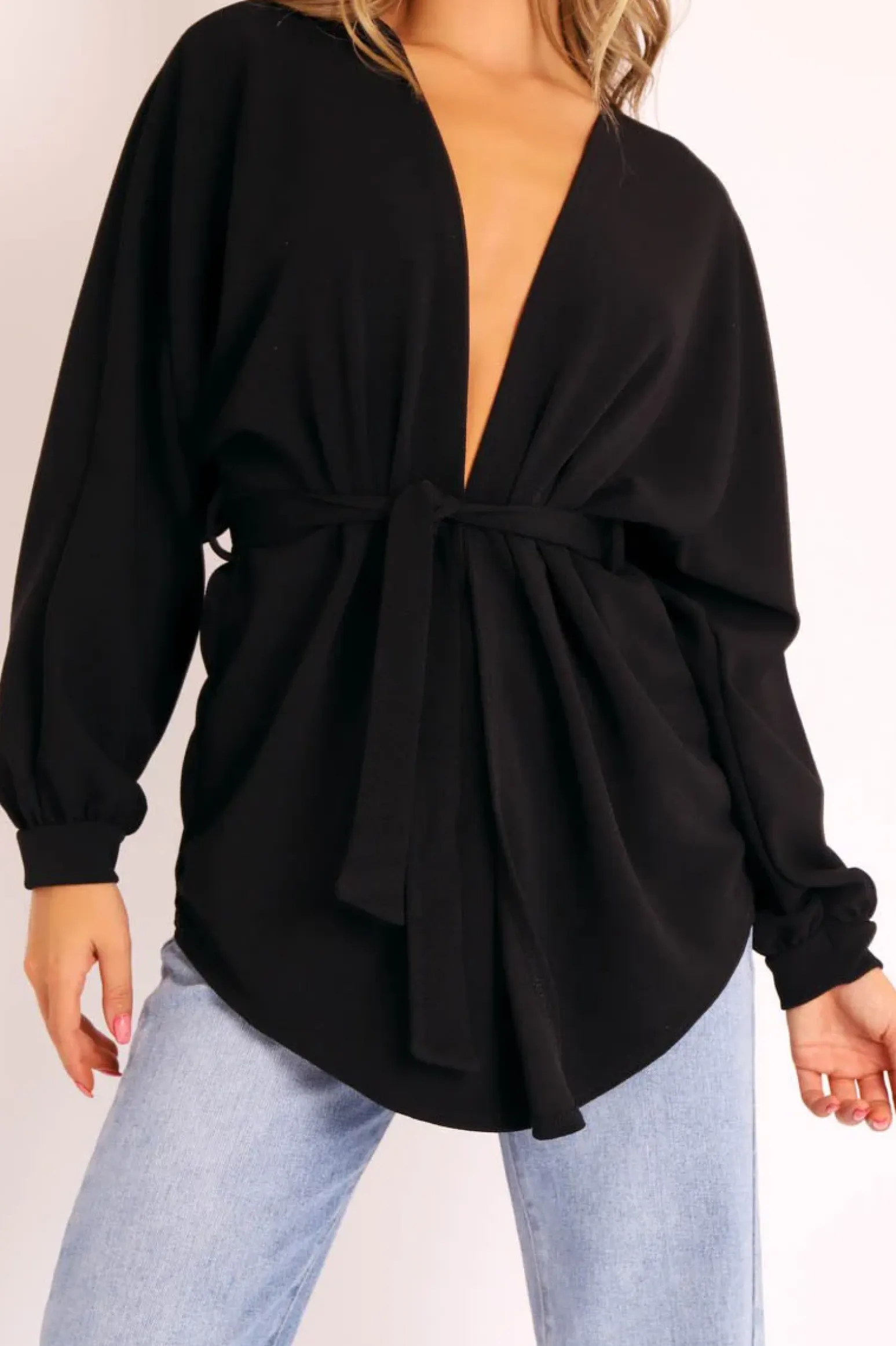 Rebellious Fashion Black Plunge Belted Blouse - Goldie