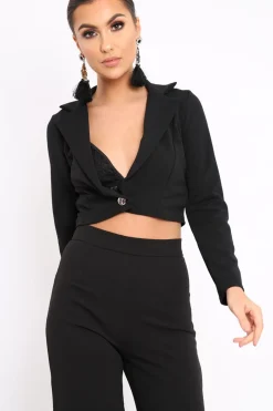 Rebellious Fashion Black Plunge Blazer Style Top - Elis