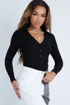 Rebellious Fashion Black Plunge Button Front Collar Bodysuit - Isabella