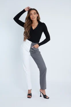 Rebellious Fashion Black Plunge Button Front Collar Bodysuit - Isabella