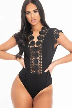Rebellious Fashion Black Plunge Crochet Insert Cap Sleeve Bodysuit - Zahida