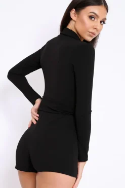 Rebellious Fashion Black Plunge Front Playsuit with Ring Belt Detail - Daylin