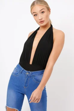 Rebellious Fashion Black Plunge Halterneck Bodysuit - Lona