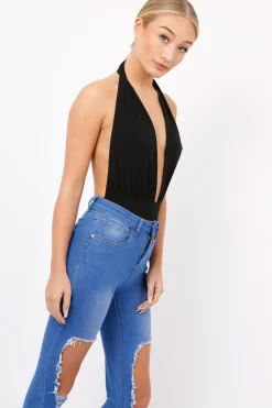Rebellious Fashion Black Plunge Halterneck Bodysuit - Lona