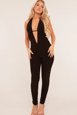 Rebellious Fashion Black Plunge Halter Neck Jumpsuit - Liliana
