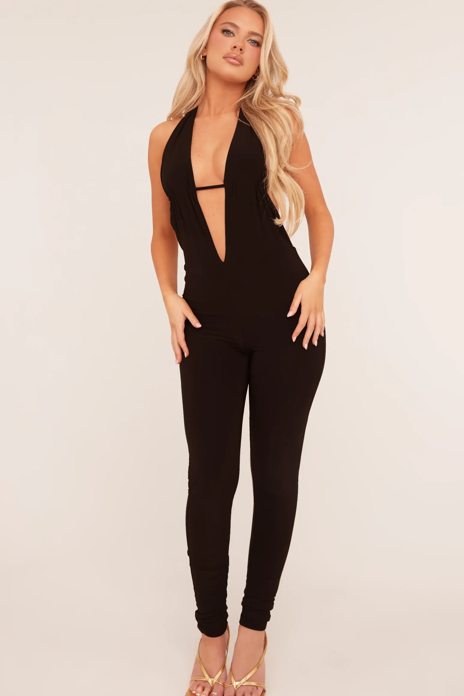 Rebellious Fashion Black Plunge Halter Neck Jumpsuit - Liliana
