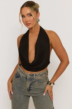 Rebellious Fashion Black Plunge Halter Neck Top - Micah