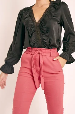 Rebellious Fashion Black Plunge Lace Neckline Blouse - Harleigh
