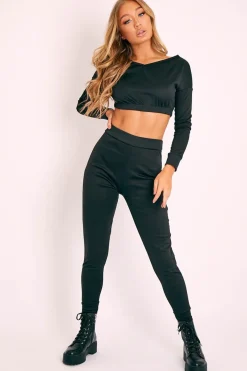 Rebellious Fashion Black Plunge Neck Cropped Loungewear Co-ord Set - Darcie