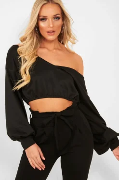 Rebellious Fashion Black Plunge off Shoulder Cropped Sweatshirt - Zarah