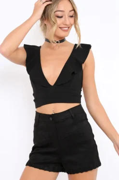 Rebellious Fashion Black Plunge Ruffle Crop Top With Cut Out Back - Nia