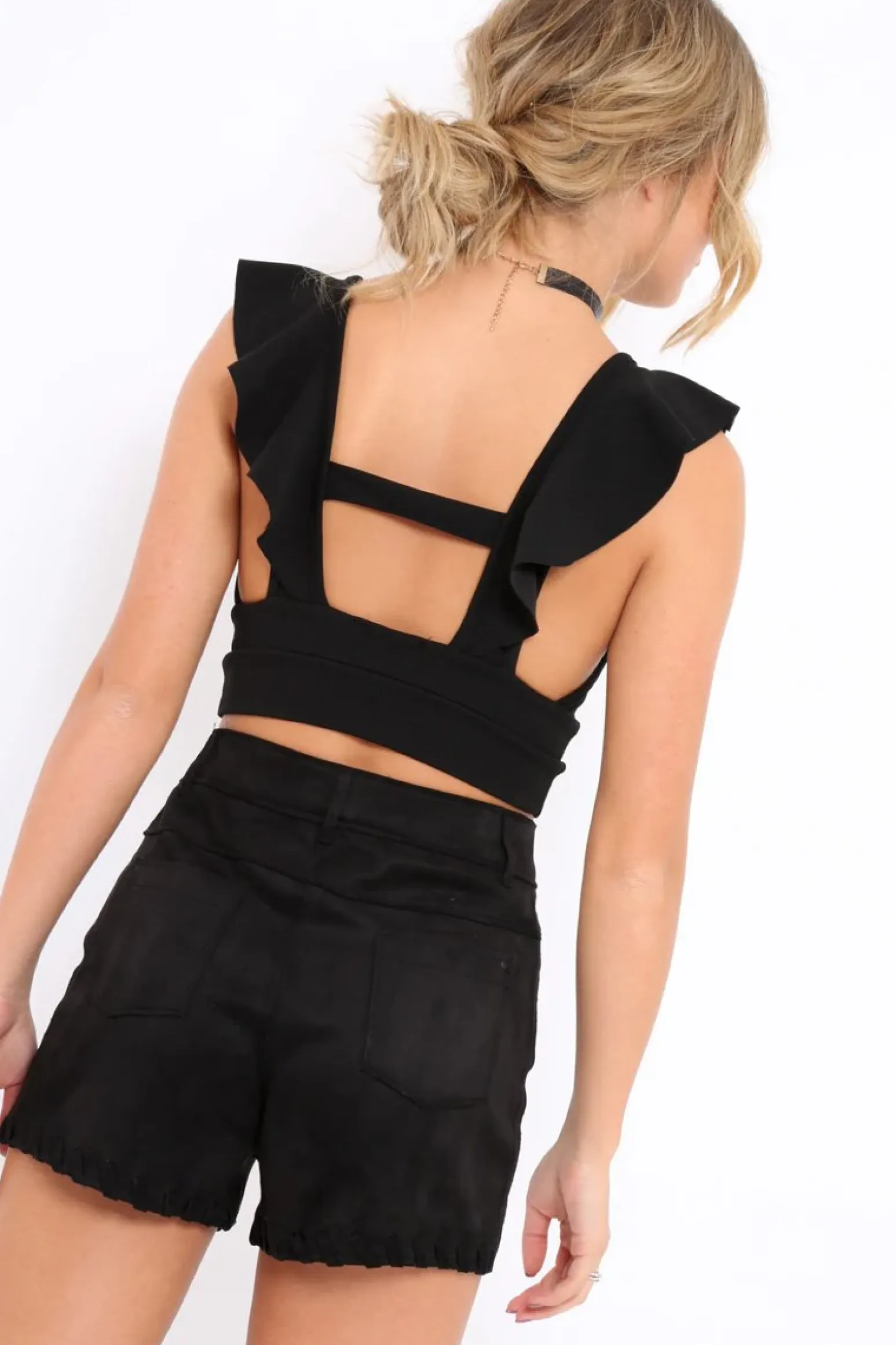 Rebellious Fashion Black Plunge Ruffle Crop Top With Cut Out Back - Nia