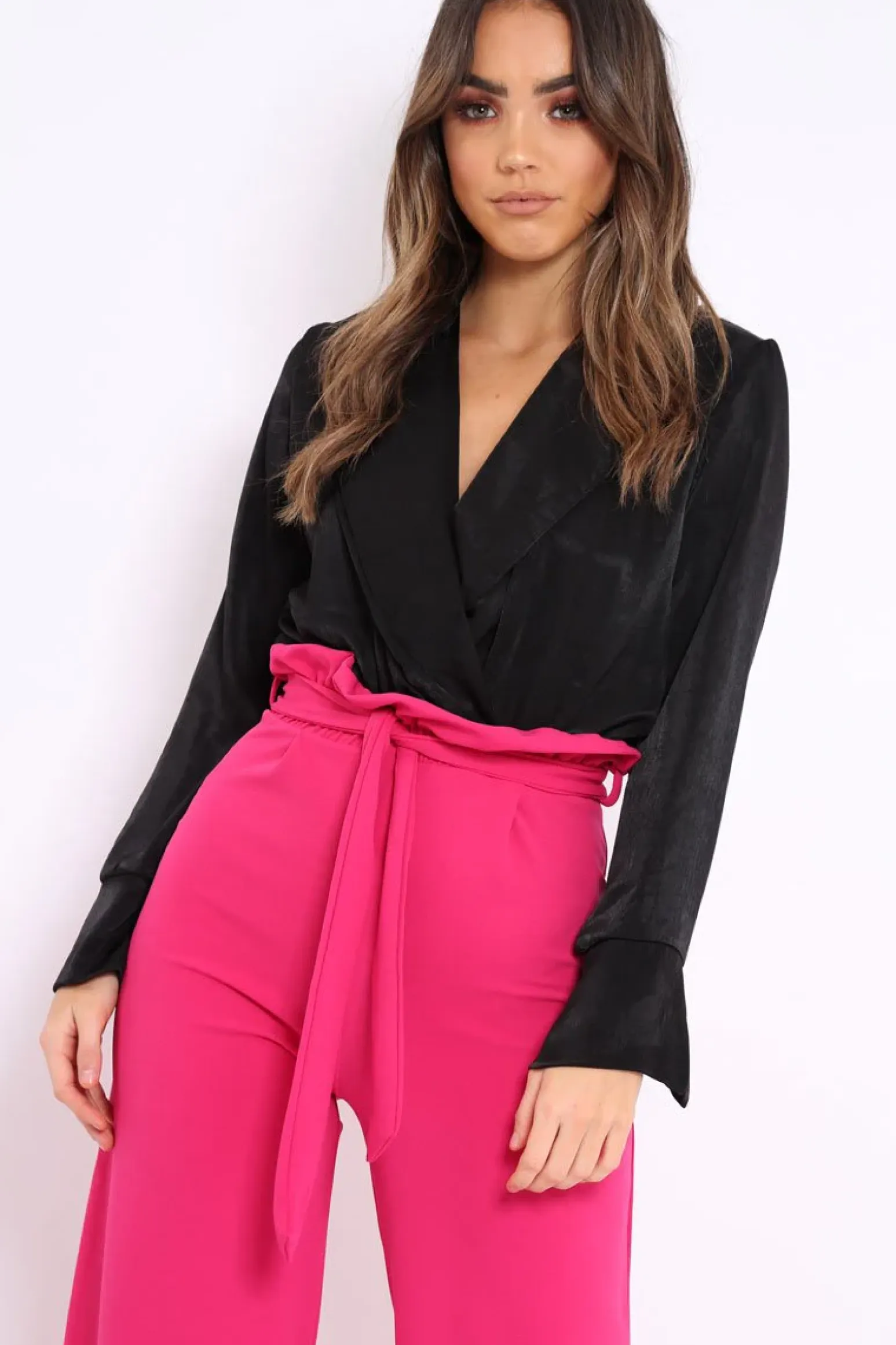 Rebellious Fashion Black Plunge Satin Bodysuit - Rebeka
