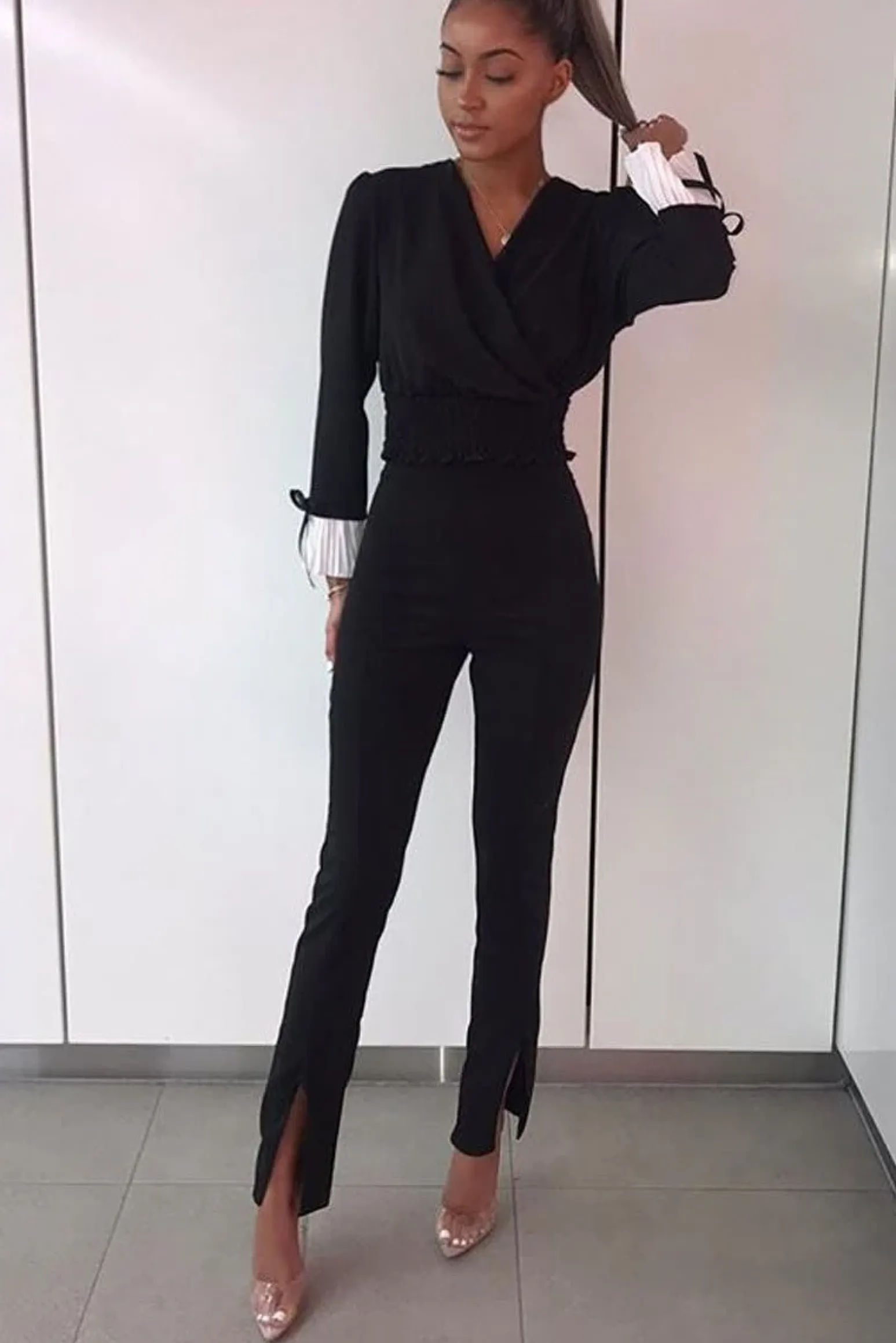 Rebellious Fashion Black Plunge Shirred Waist Pleated Sleeve Blouse - Skylar