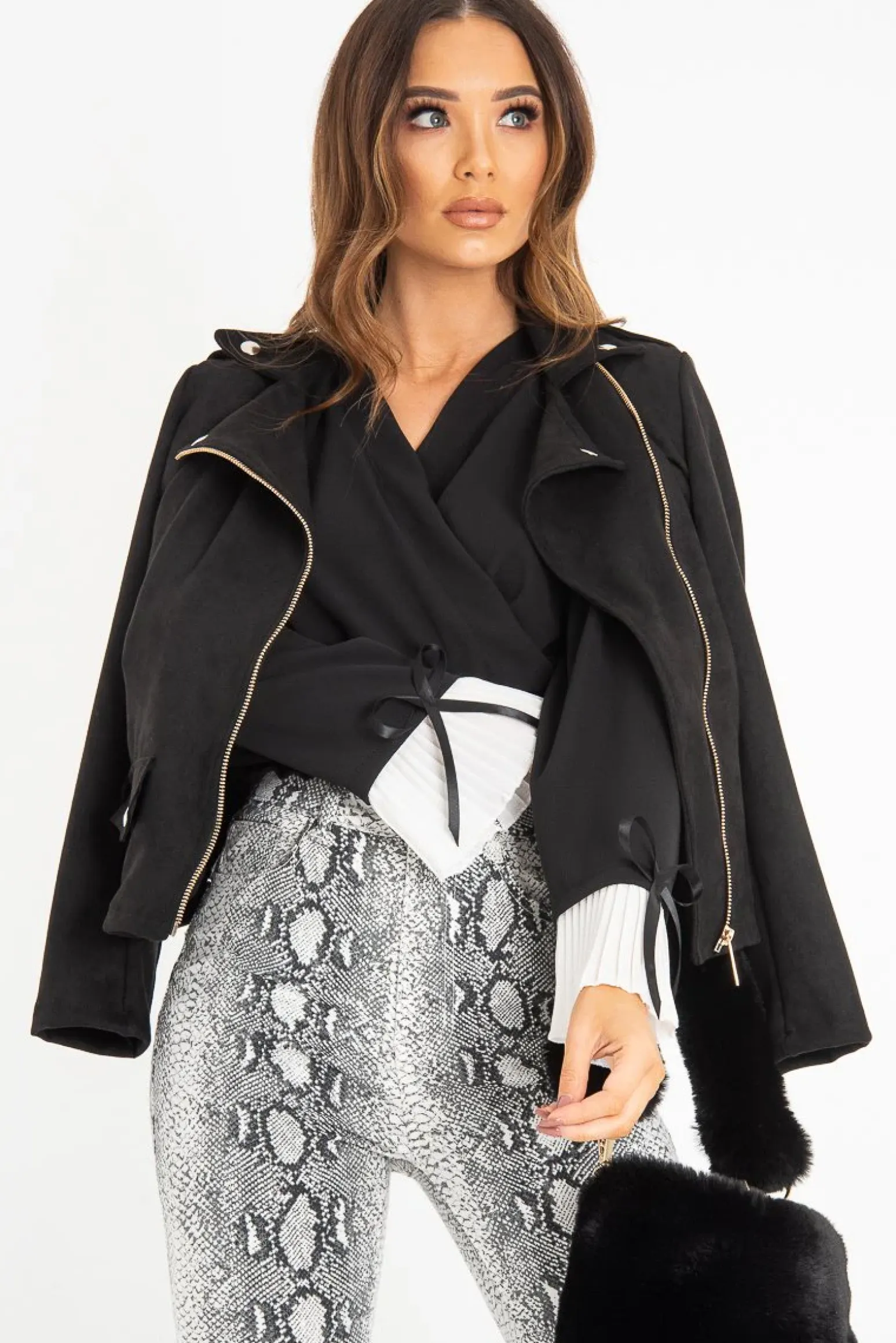 Rebellious Fashion Black Plunge Shirred Waist Pleated Sleeve Blouse - Skylar