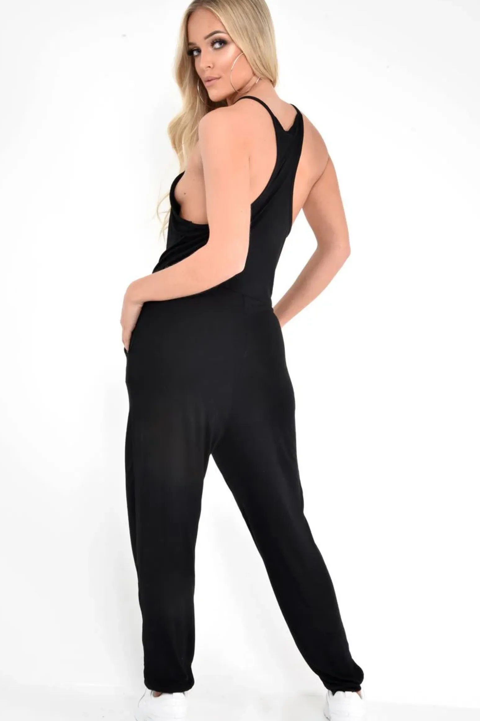 Rebellious Fashion Black Plunge Strappy Jersey Jumpsuit - Narumi