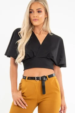 Rebellious Fashion Black Plunge Tie Back Blouse Crop Top - Bryelle