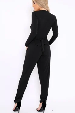Rebellious Fashion Black Plunge Tie Back Jumpsuit - Brittney