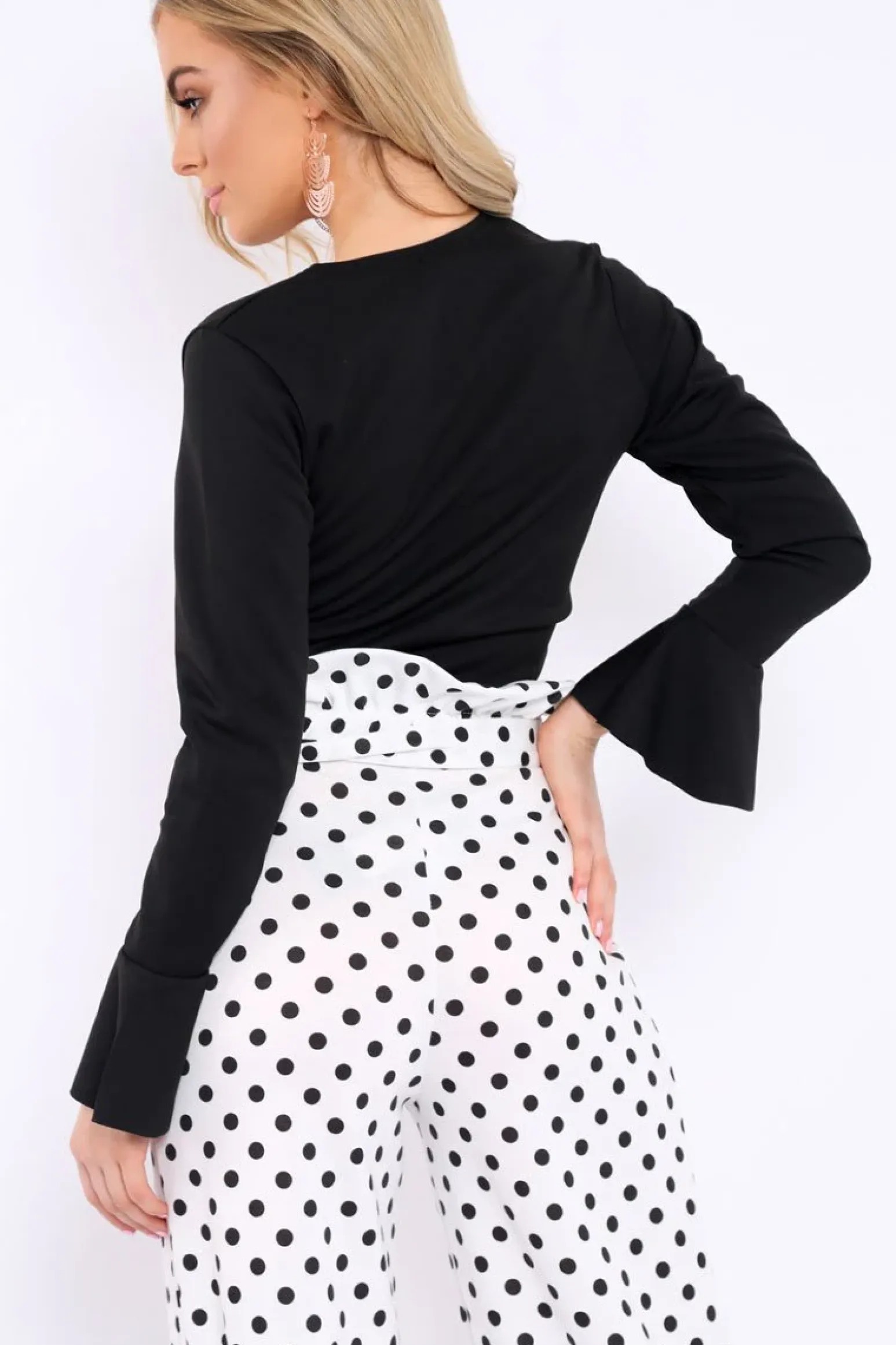 Rebellious Fashion Black Plunge Tie Front Flare Sleeve Crop Top - Aimi