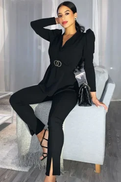 Rebellious Fashion Black Plunging Double Circle Belt Puff Shoulder Blouse - Catia