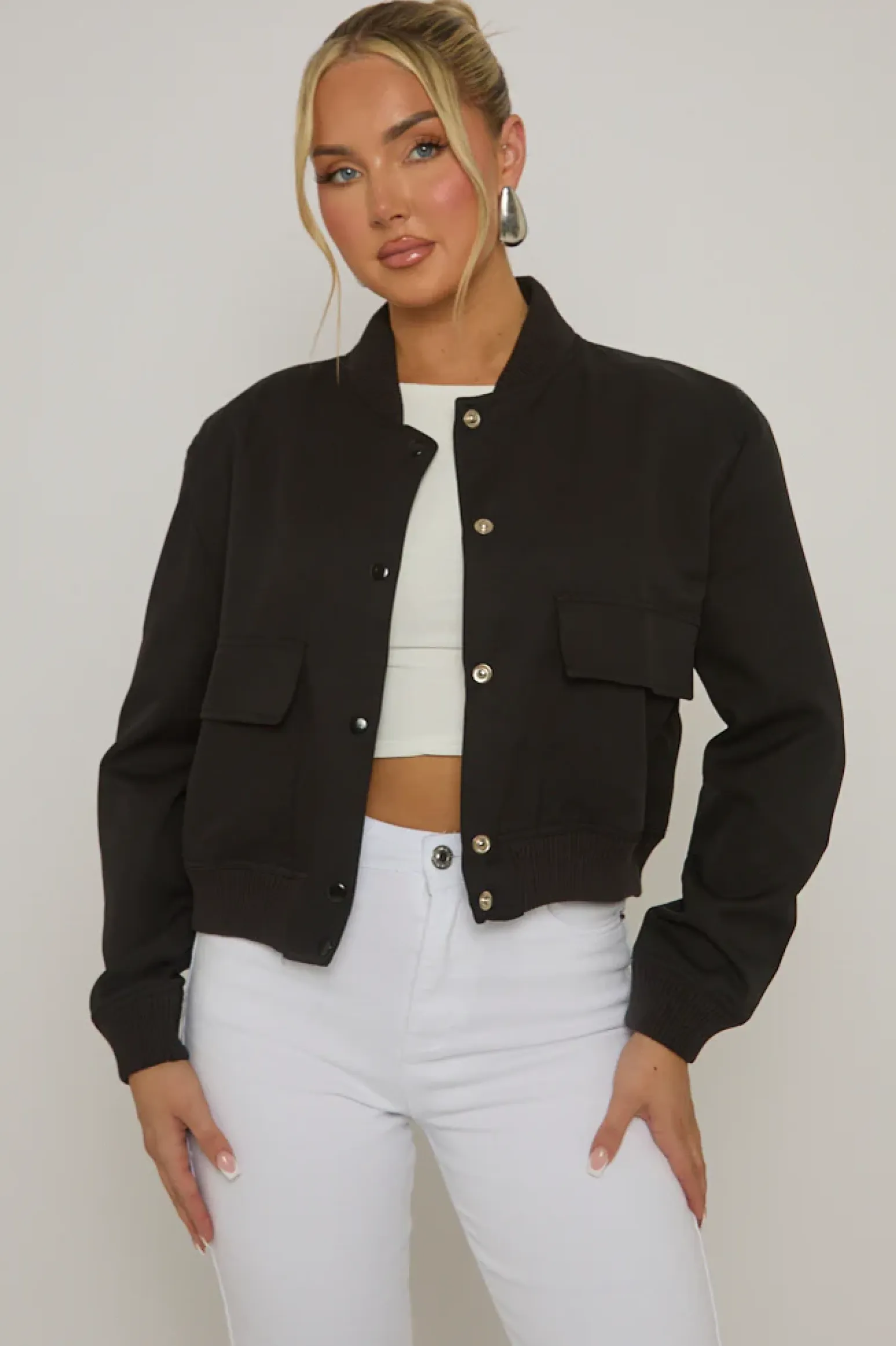 Rebellious Fashion Black Pocket Detail Bomber Jacket - Estelle