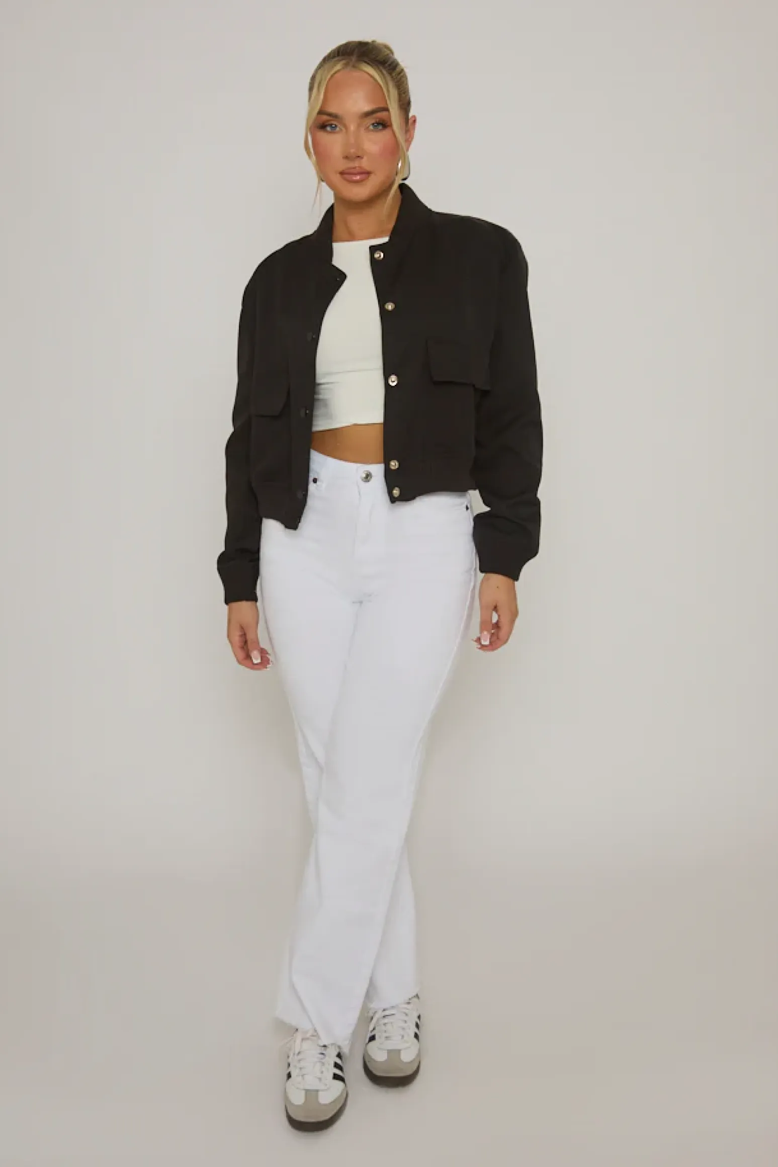 Rebellious Fashion Black Pocket Detail Bomber Jacket - Estelle