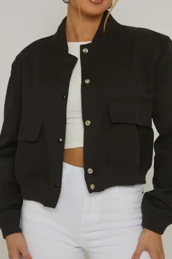 Rebellious Fashion Black Pocket Detail Bomber Jacket - Estelle