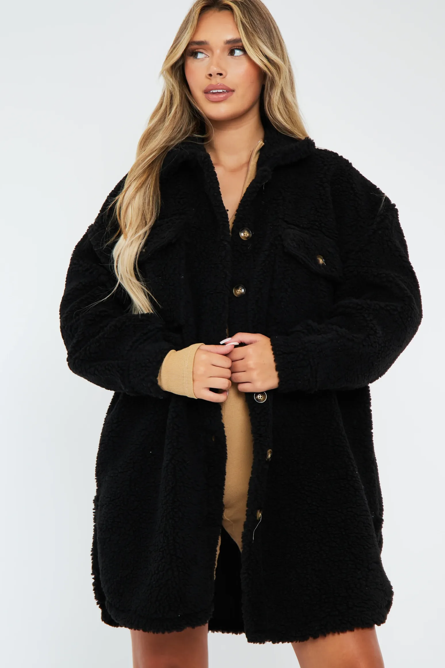 Rebellious Fashion Black Pocket Front Teddy Shacket - Ozie