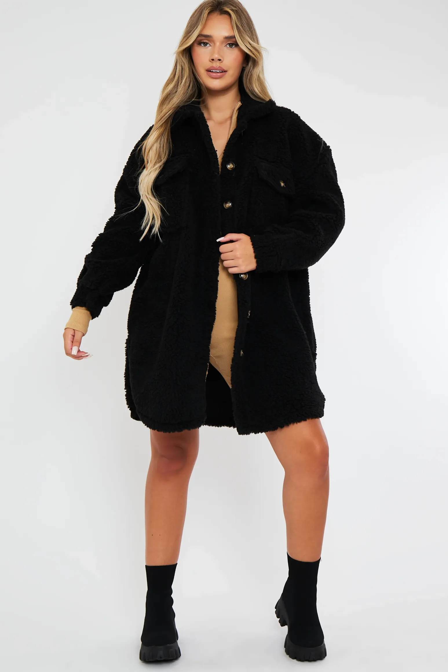 Rebellious Fashion Black Pocket Front Teddy Shacket - Ozie