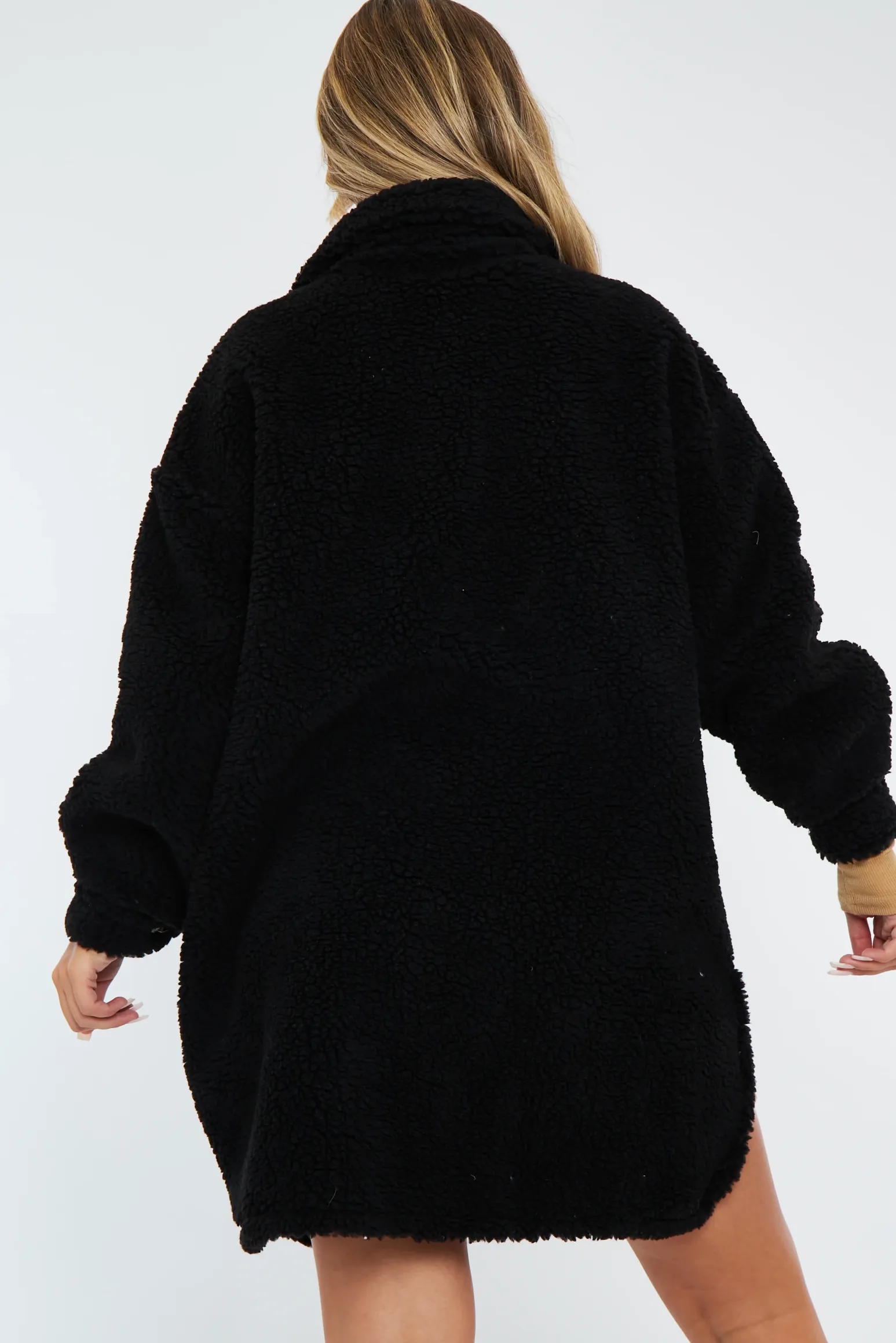 Rebellious Fashion Black Pocket Front Teddy Shacket - Ozie
