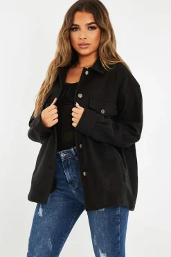 Rebellious Fashion Black Pocket Oversized Brushed Shacket - Caley