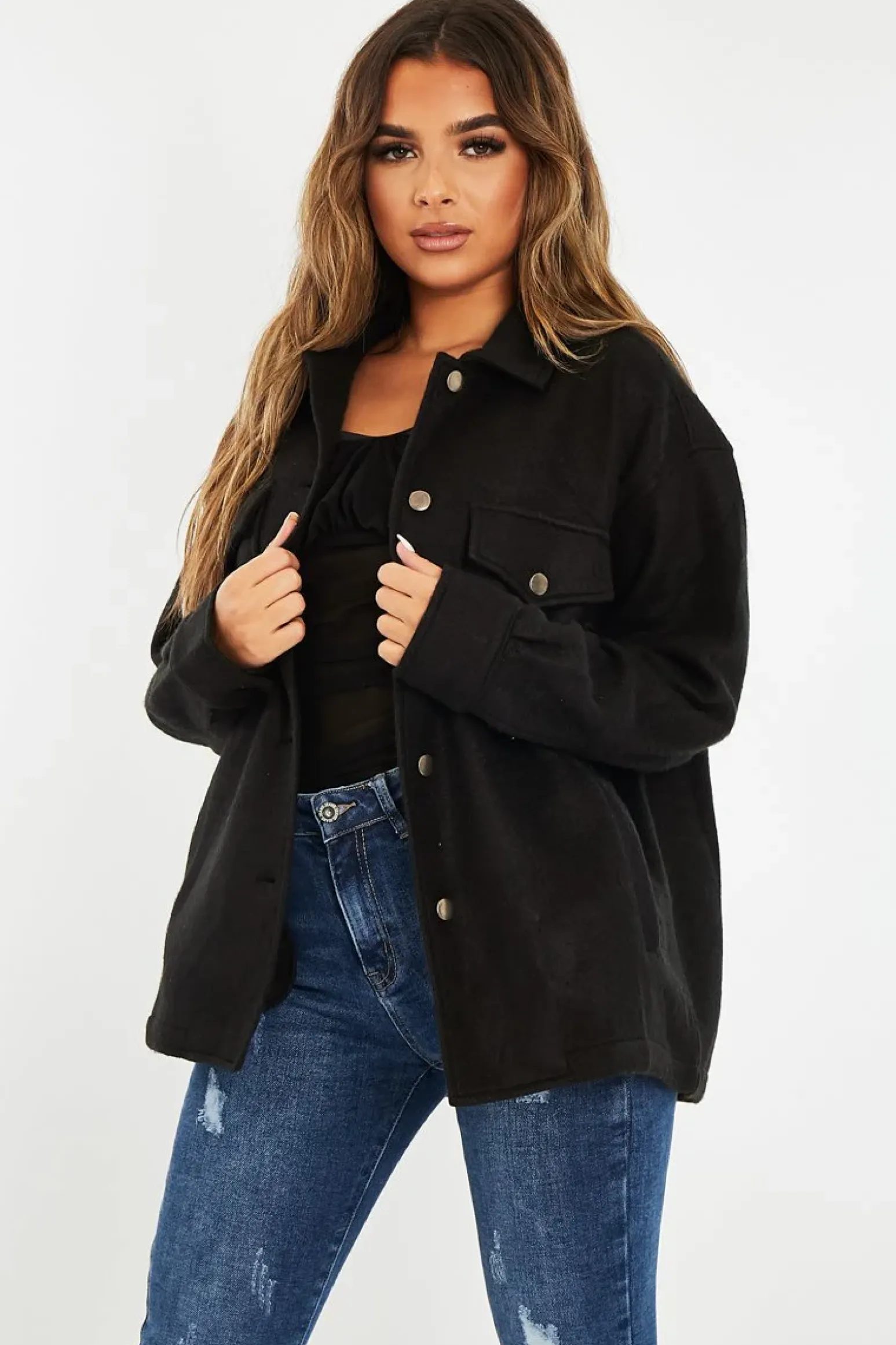 Rebellious Fashion Black Pocket Oversized Brushed Shacket - Caley