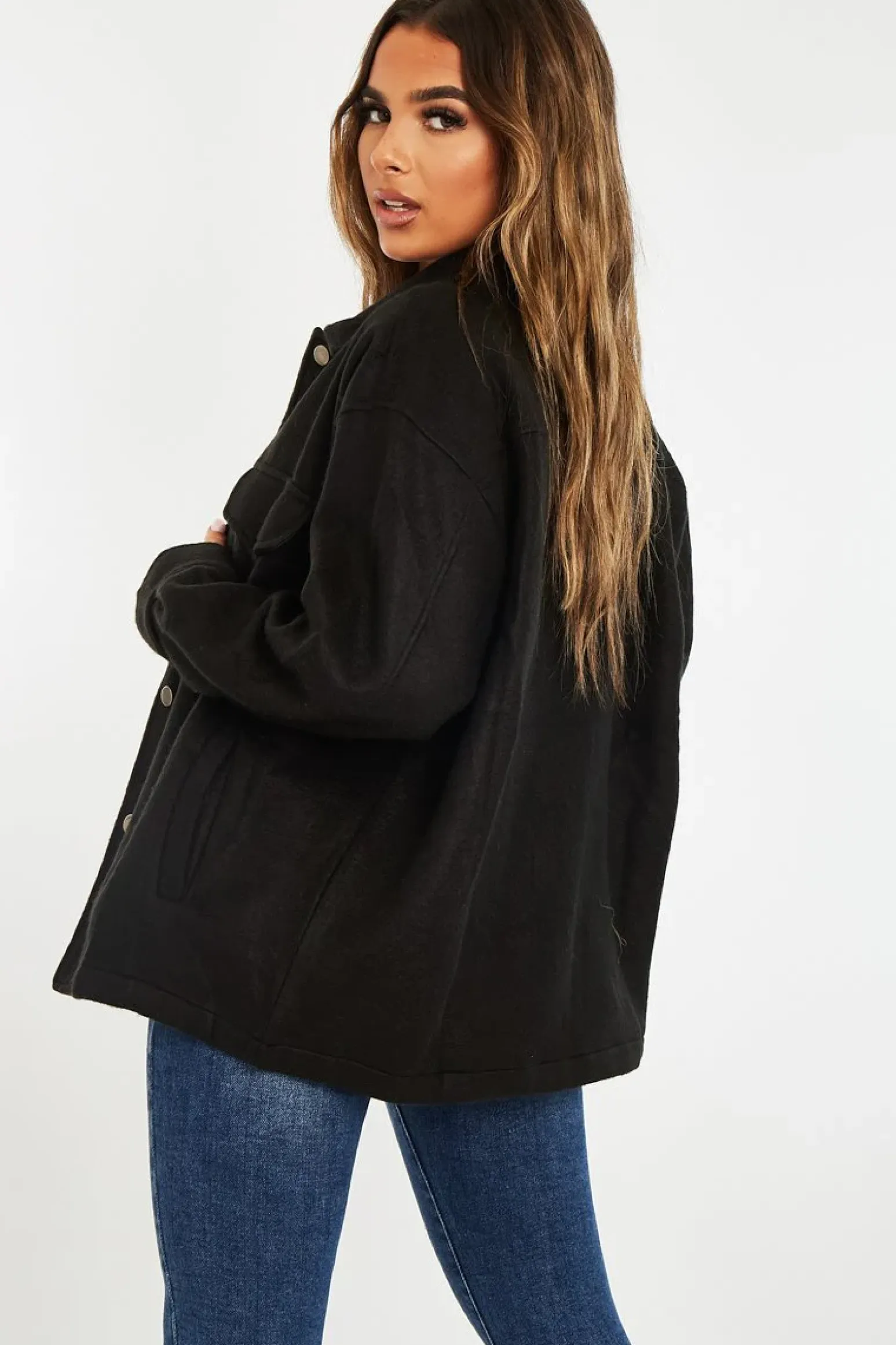 Rebellious Fashion Black Pocket Oversized Brushed Shacket - Caley